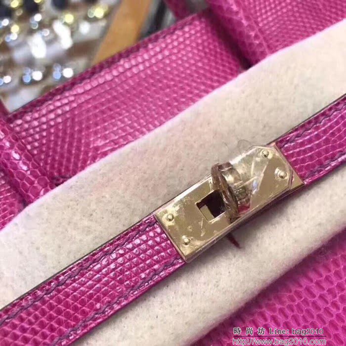 HERMES愛馬仕 鉑金包 Birkin 25cm 蜥蜴 Lizard leather 玫瑰紅 金扣 蠟線手縫 時尚手提包  Ama1149